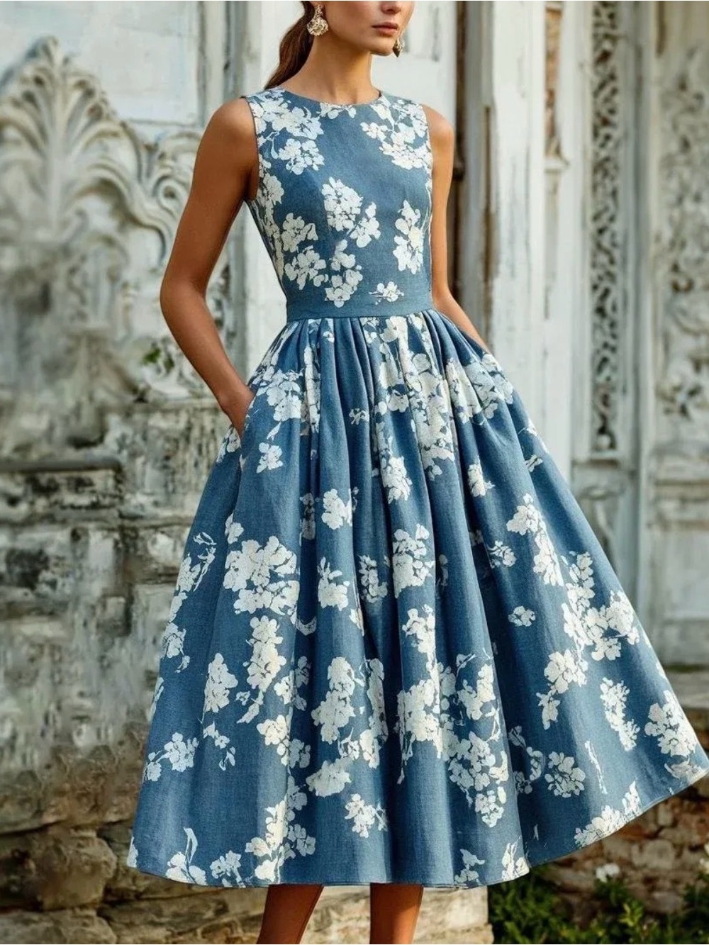 Sleeveless Teal Floral Midi Dress with Full Skirt Linen and Cotton Material 185